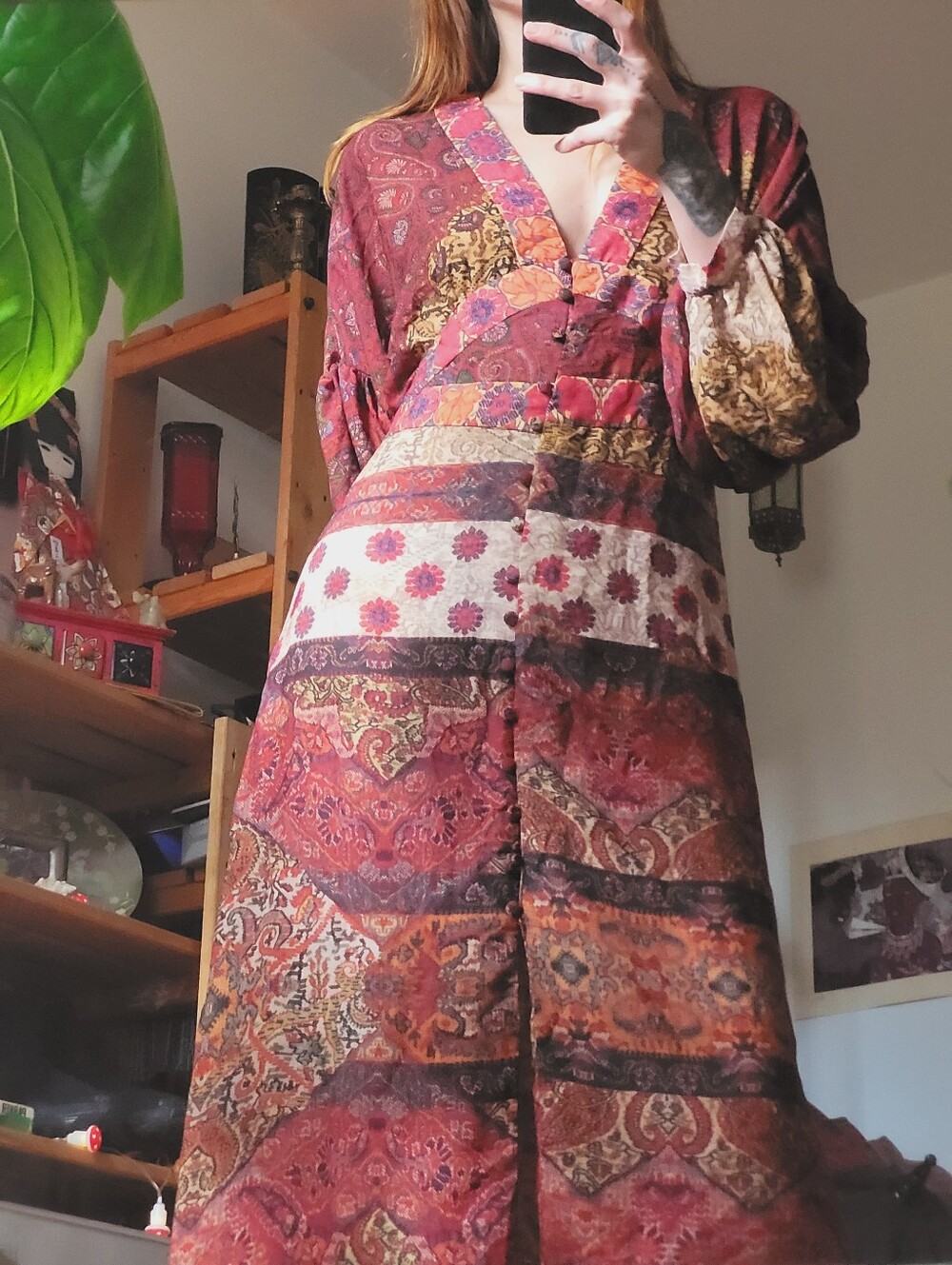 Zara Patchwork Floral Print Balloon Sleeves Autumn Colors Maxi Dress - Size M